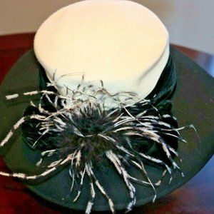 Women's Black White Cloche Wool Hat With Feather Detail